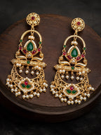 Red & Green Floral Arch Dangler Earrings — Gold Finish