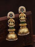 Green Stone Elephant Motif Gold Jhumka Earrings