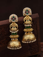 Green Stone Elephant Motif Gold Jhumka Earrings