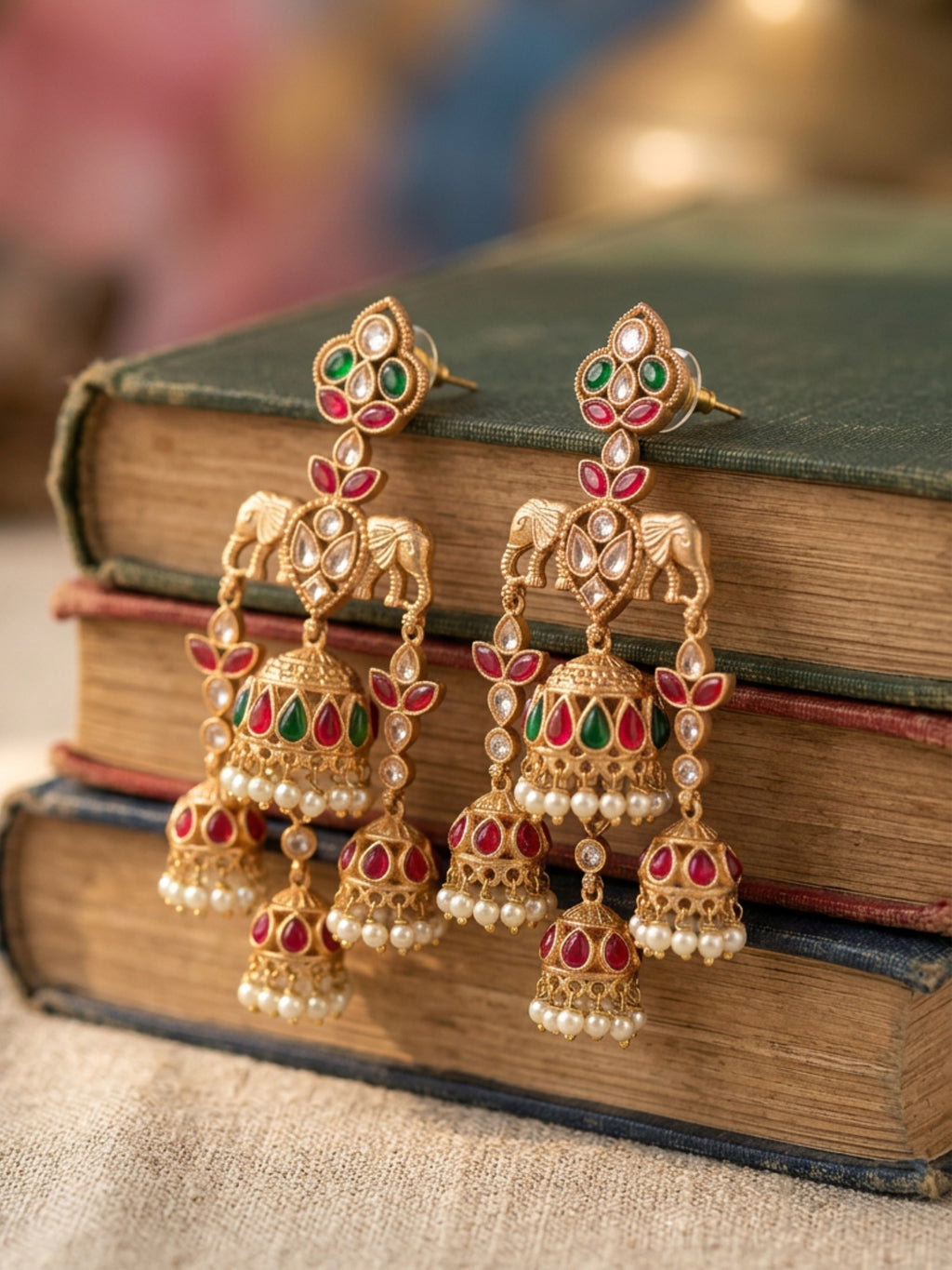 Elephant Motif Multi Jhumka Earrings — Red & Green Stone, Gold Finish