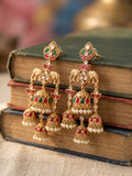 Elephant Motif Multi Jhumka Earrings — Red & Green Stone, Gold Finish