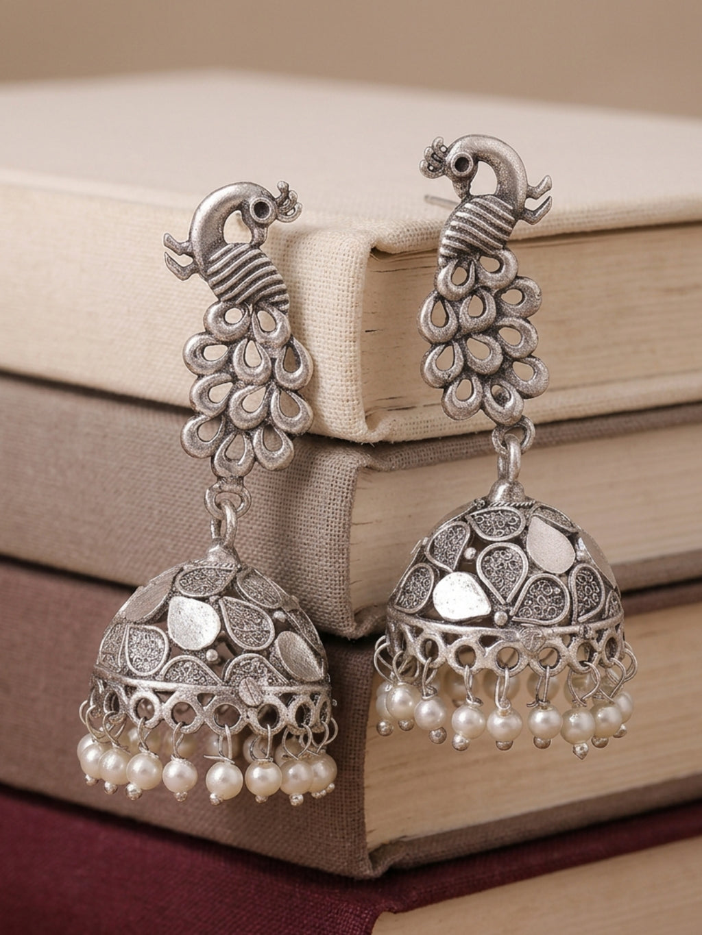 Peacock Pearl Jhumka Earrings — Silver Tone