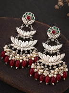 Silver Finish Lotus Pearl Red Drop Earrings
