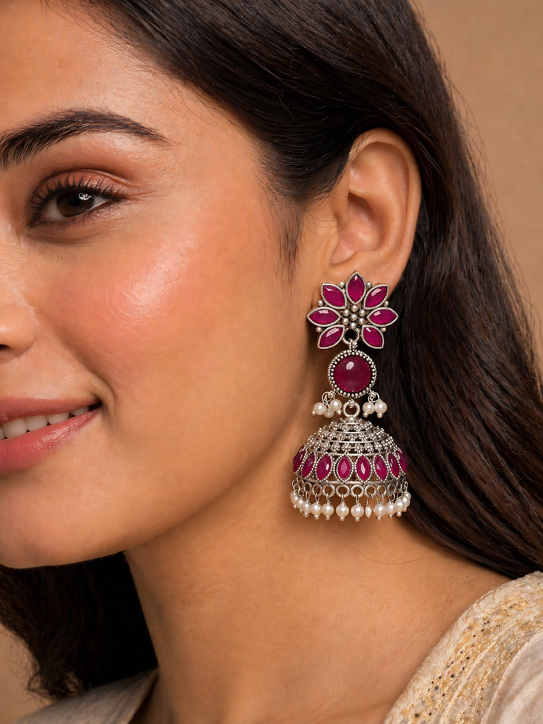 Ruby Floral Silver Finish Jhumki Earrings