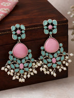 Silver Tone Pink Turquoise Floral Pearl Dangler Statement Earrings