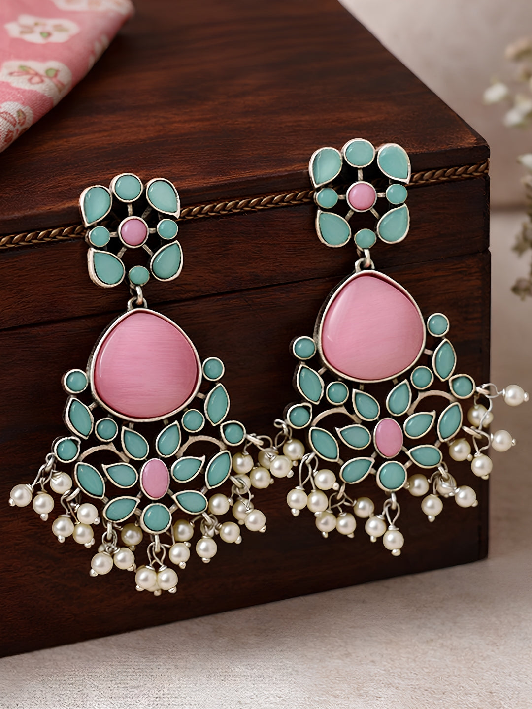 Silver Tone Pink Turquoise Floral Pearl Dangler Statement Earrings