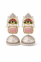 Pink Green Floral Silver Finish Jhumka Earrings