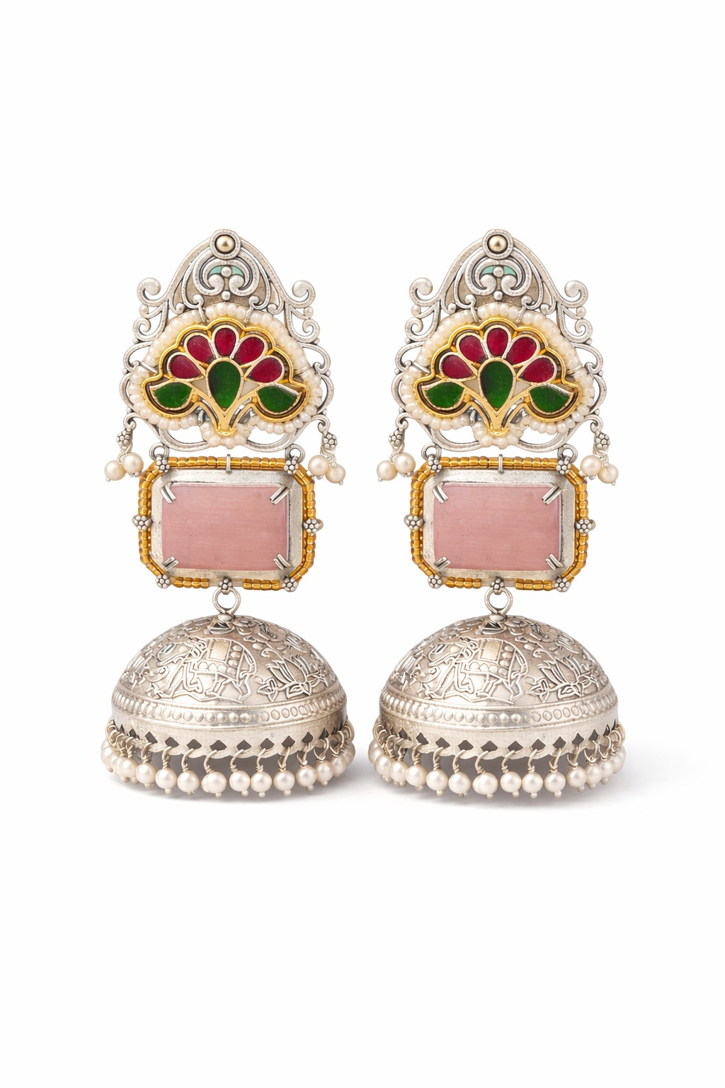 Pink Green Floral Silver Finish Jhumka Earrings