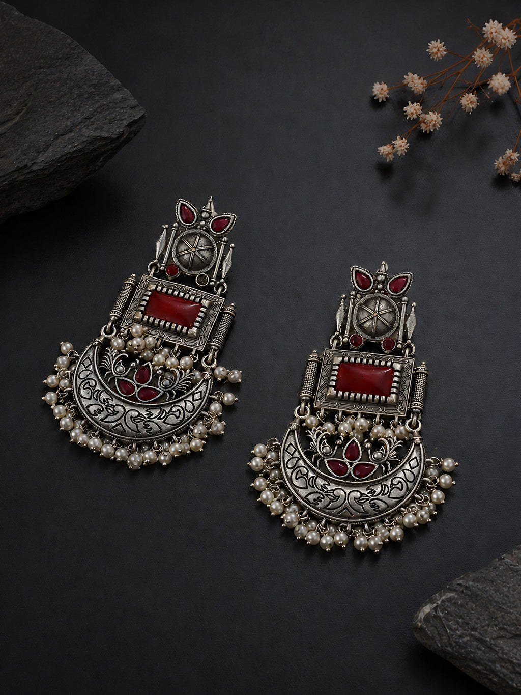 Silver Finish Red Stone Chand Dangler Earrings