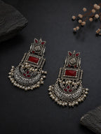 Silver Finish Red Stone Chand Dangler Earrings