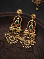 Red & Green Floral Arch Dangler Earrings — Gold Finish
