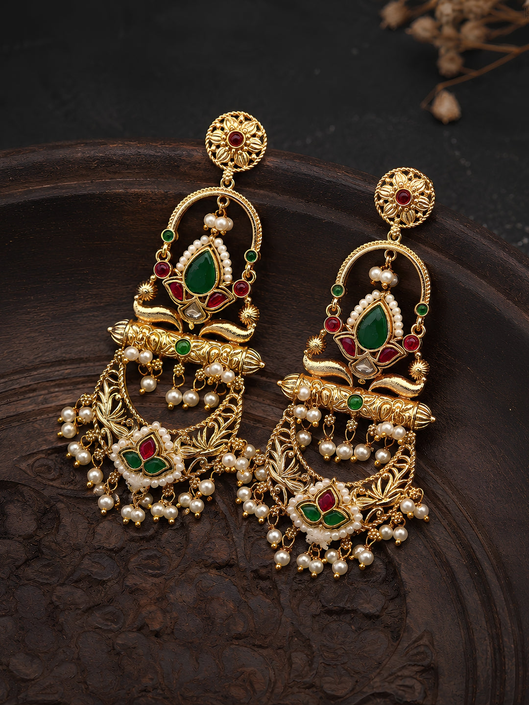 Red & Green Floral Arch Dangler Earrings — Gold Finish