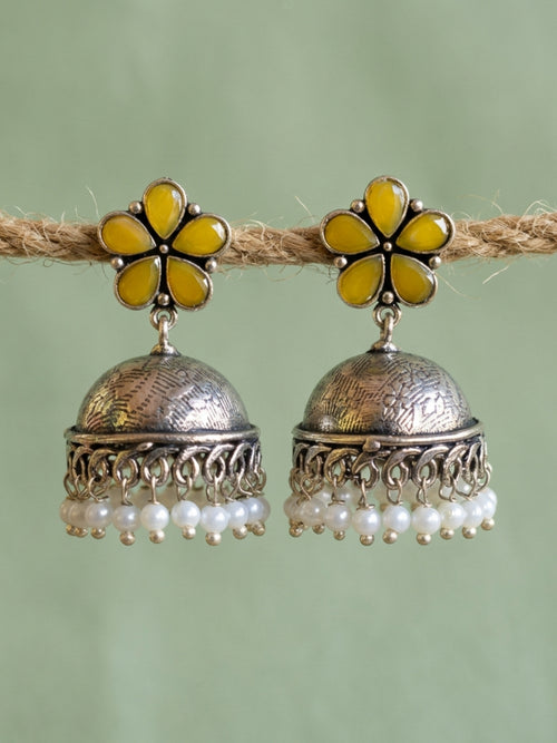 Yellow Floral 925 Silver Plated Jhumka Earrings