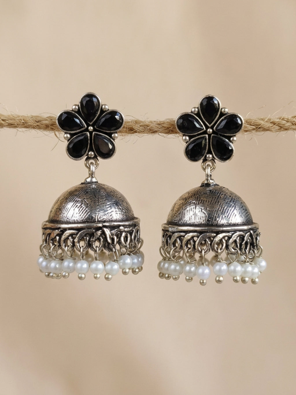 Black Floral Antique Look Jhumka Earrings