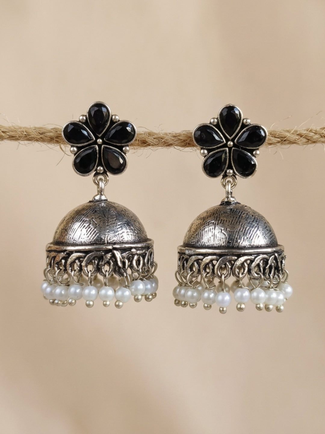 Black Floral Antique Look Jhumka Earrings