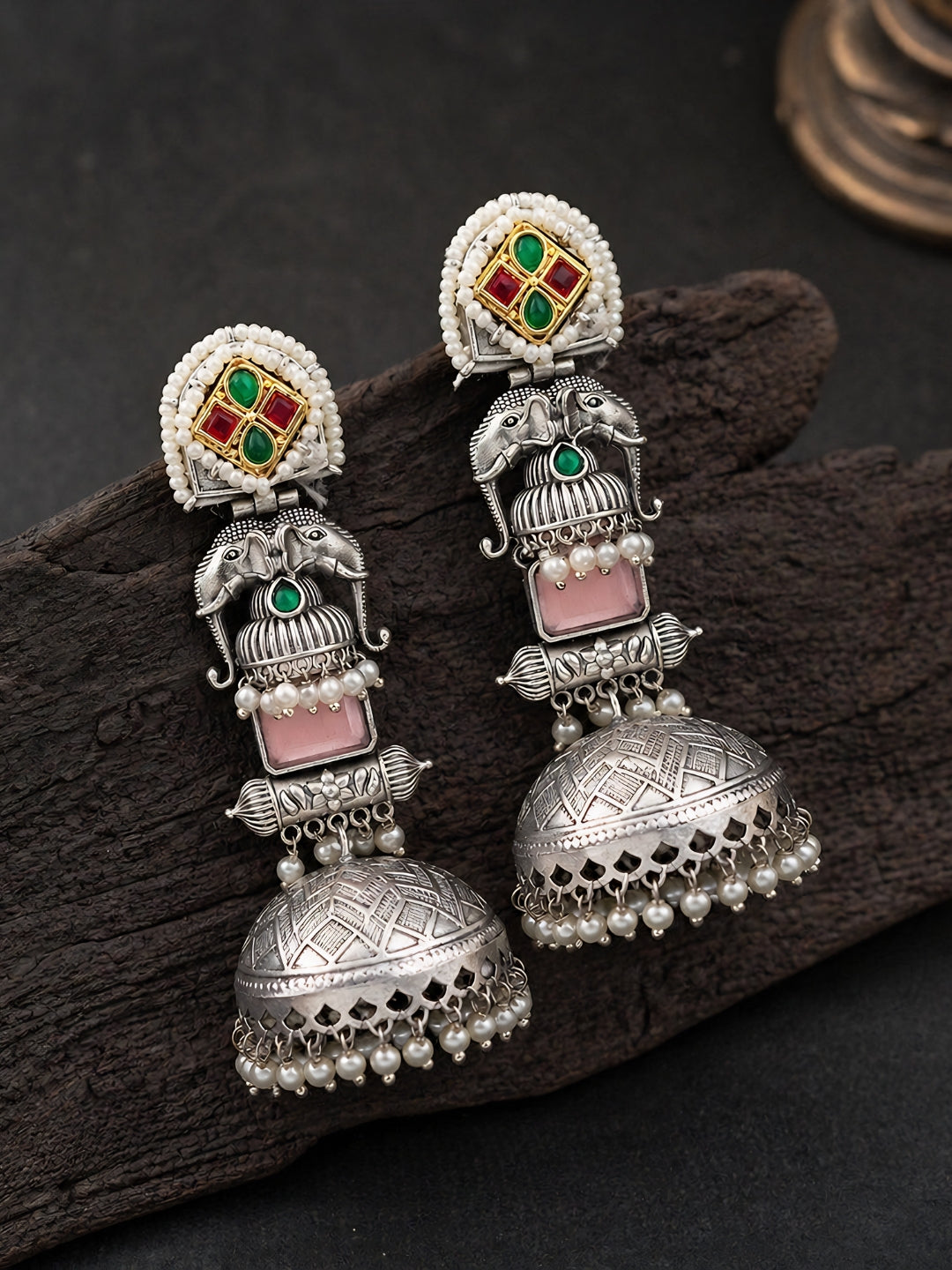Silver tone Elephant Jhumka Earrings