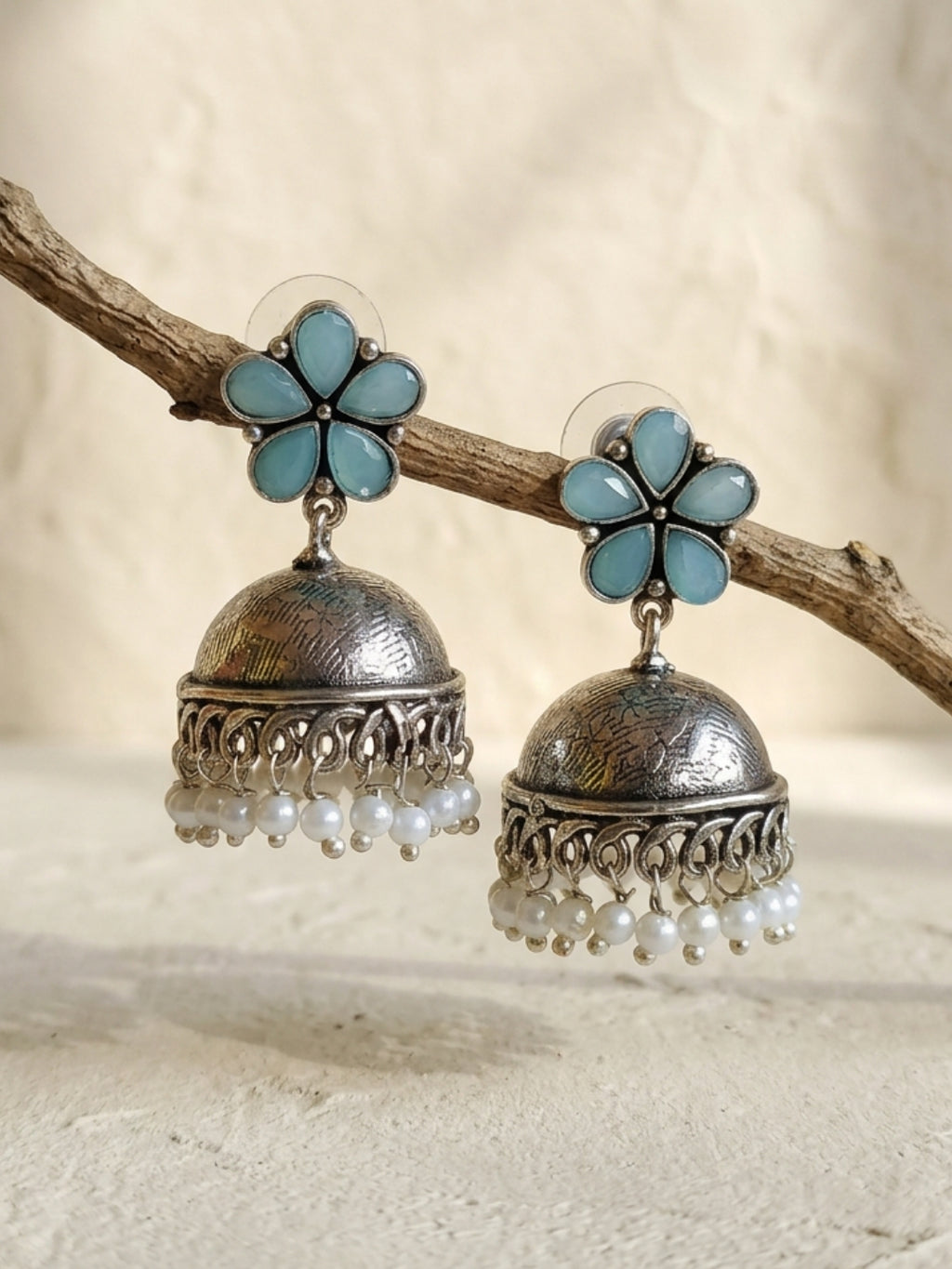 Elegant Blue Floral Jhumka and Enamel Hoop Earrings Combo