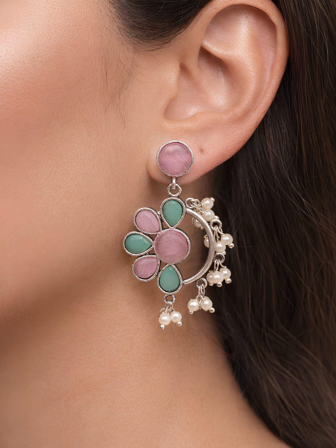 Floral Pearl Drop Dangler Earrings