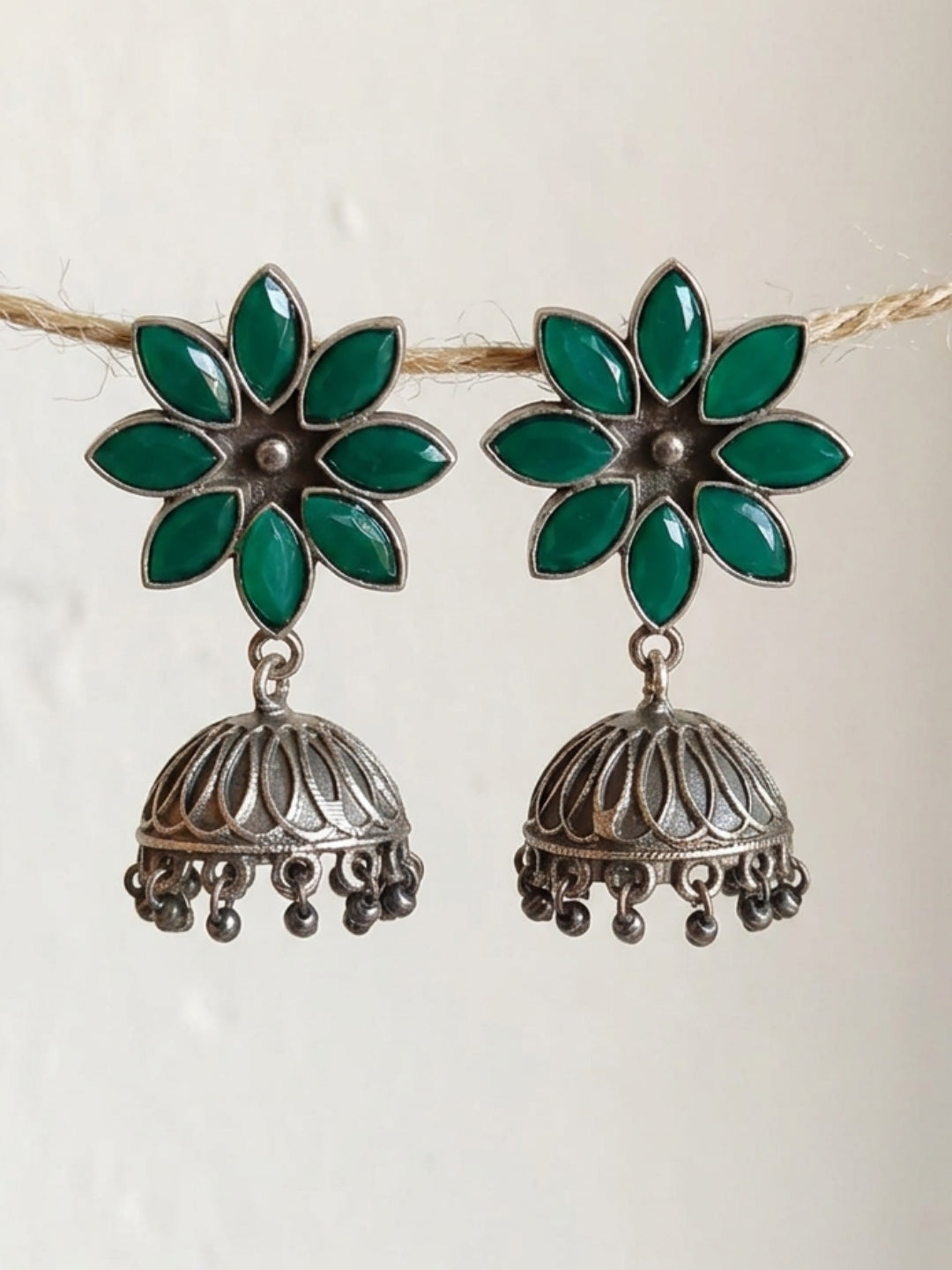 Green Floral & Pearl Jhumka Earrings Combo