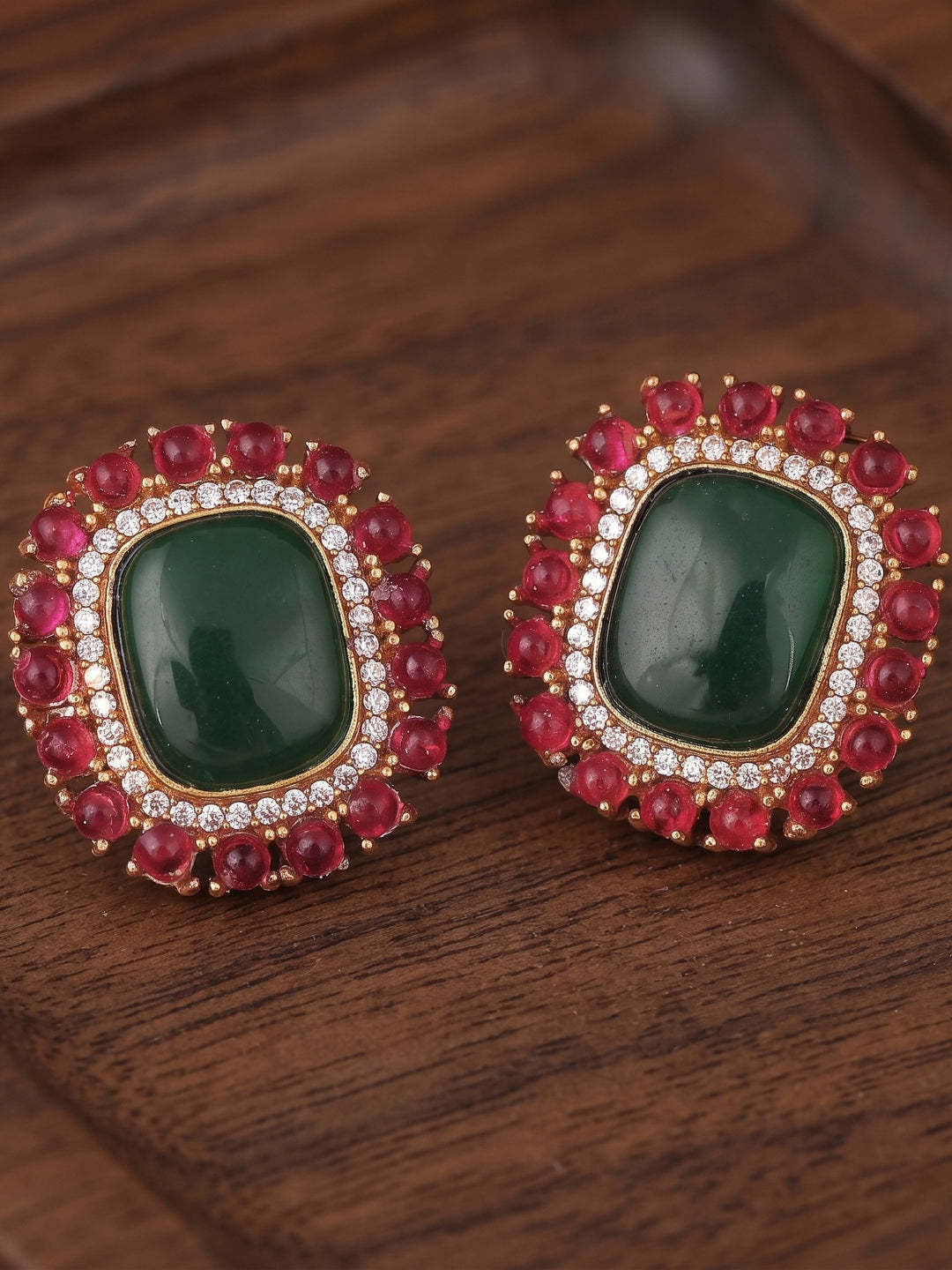 Red Green Stone Gold finish Stud Earrings