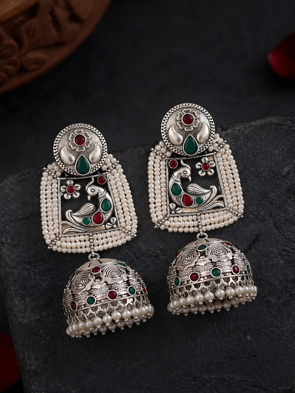 Silver finish Peacock Jhumka Pearl Earrings