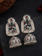 Silver finish Peacock Jhumka Pearl Earrings