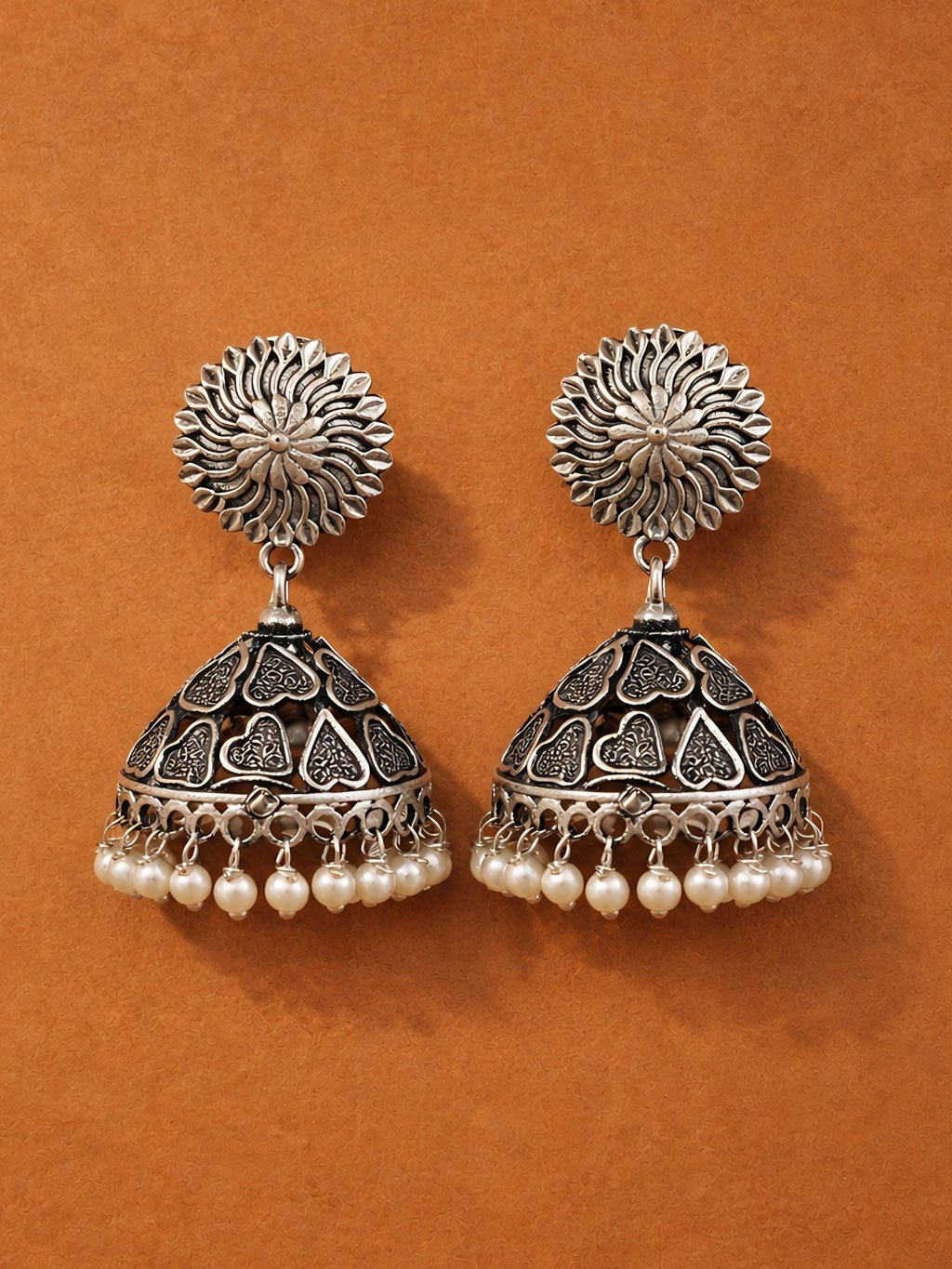 Floral Dome Pearl Silver tone Jhumka