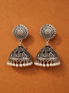 Floral Dome Pearl Silver tone Jhumka
