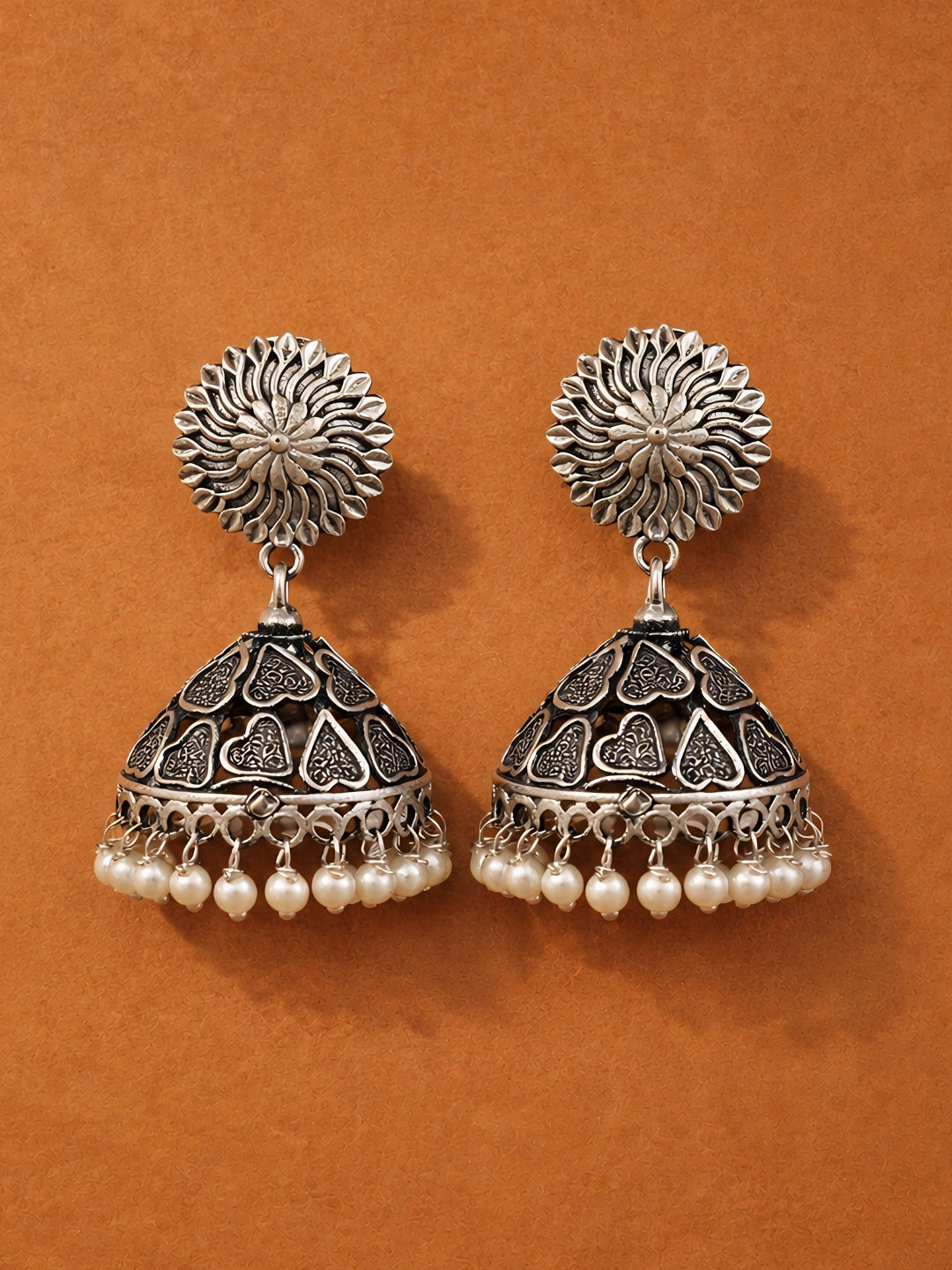 Floral Dome Pearl Silver tone Jhumka