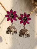 Antique Oxidised Look Pink Floral Jhumka Earrings