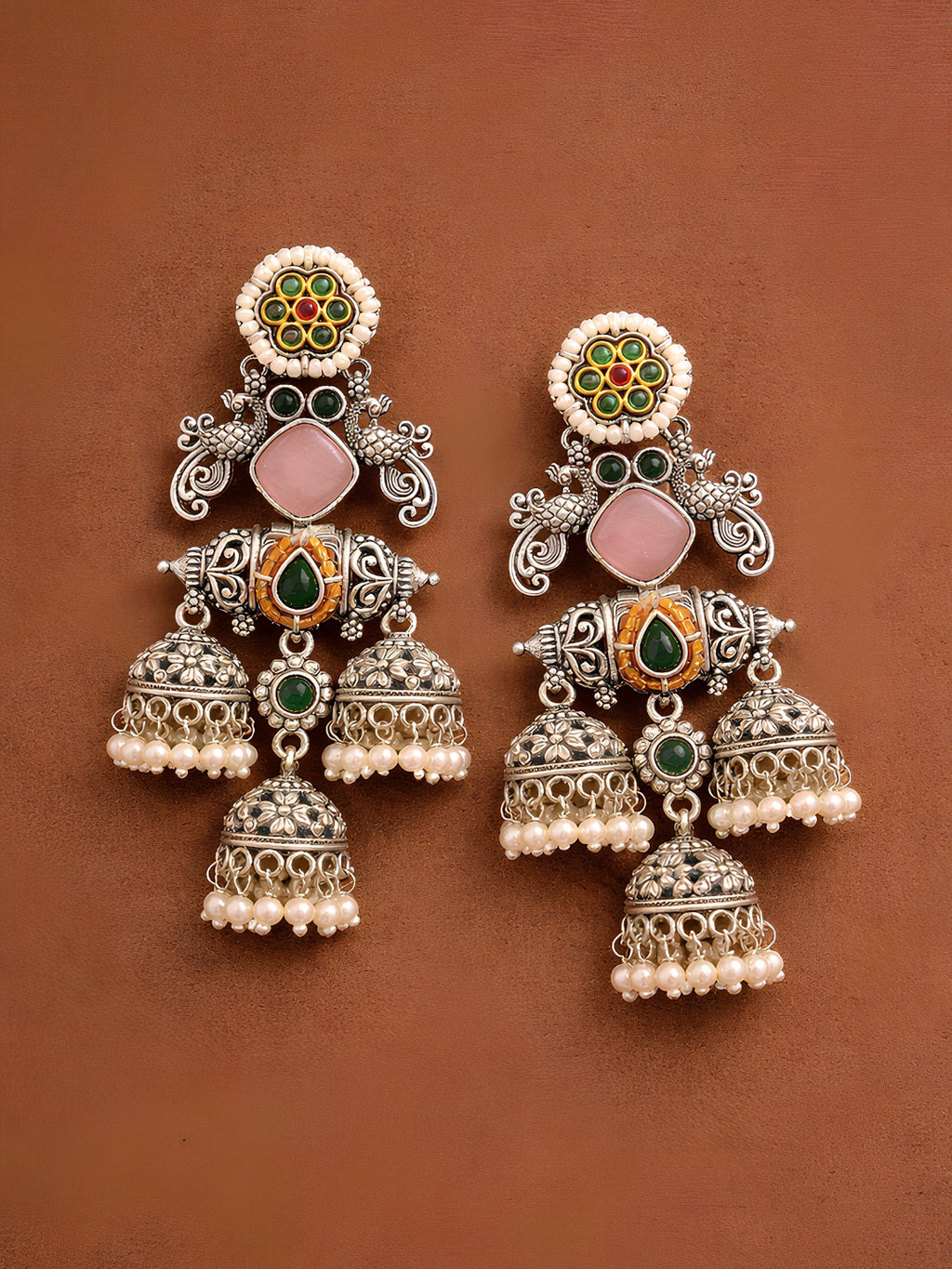 Floral Pink Green Silver Tone Jhumki Earrings