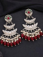 Silver Finish Lotus Pearl Red Drop Earrings