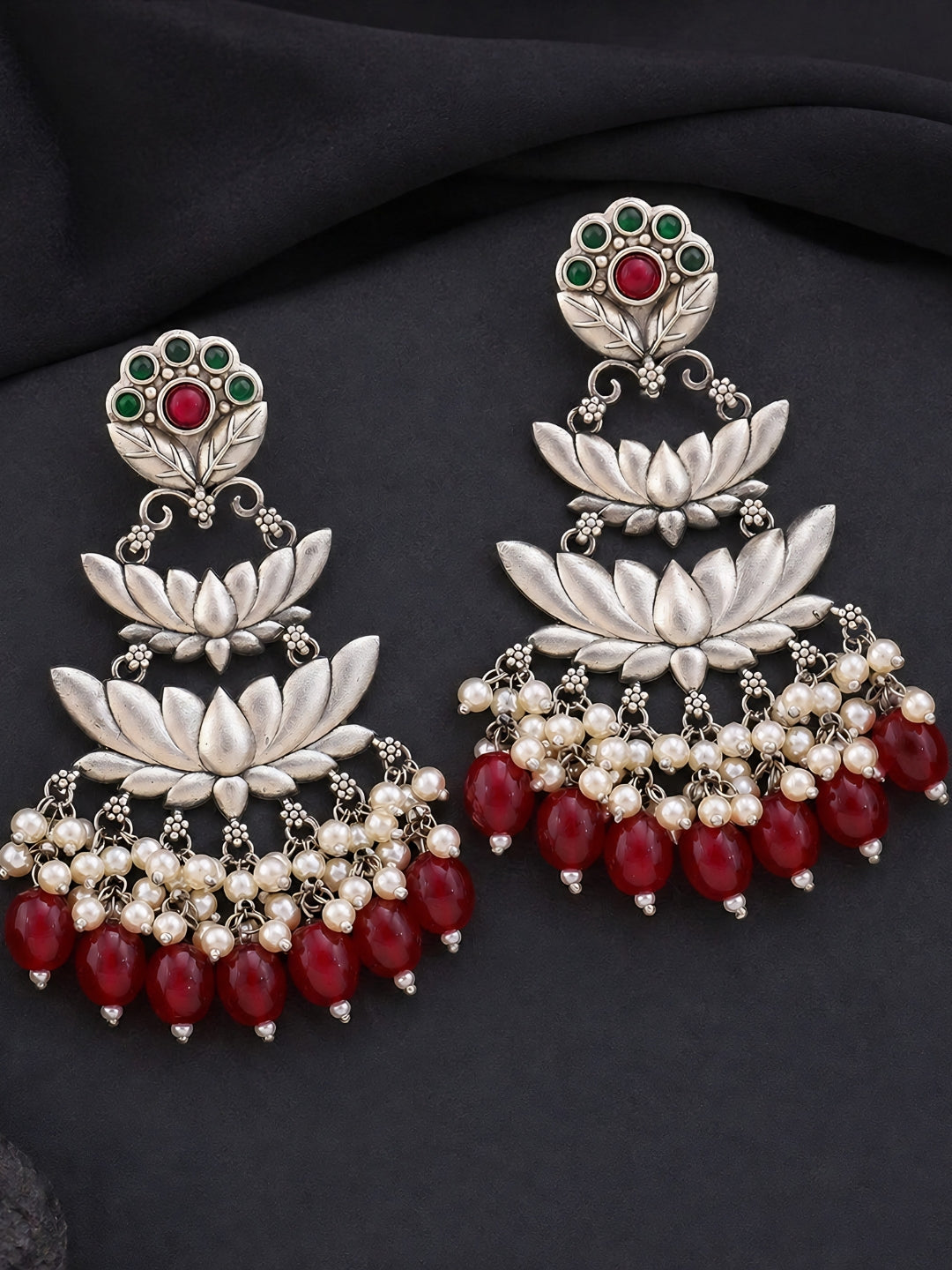 Silver Finish Lotus Pearl Red Drop Earrings