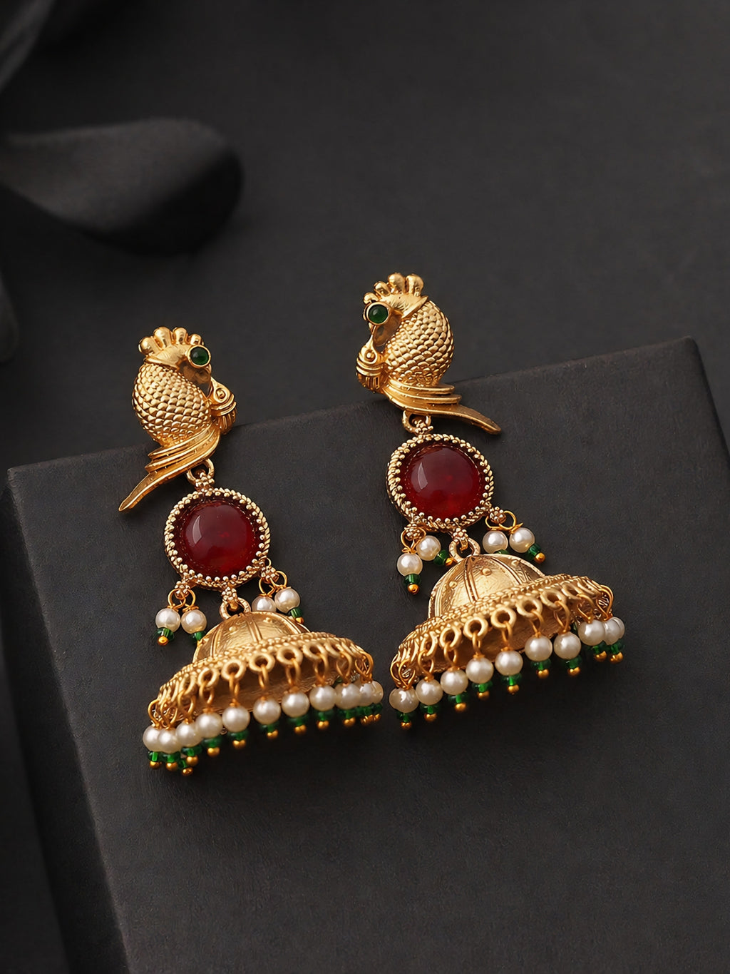 Gold Finish Red Stone Peacock Jhumka Earrings