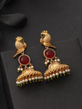 Gold Finish Red Stone Peacock Jhumka Earrings