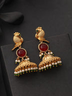 Gold Finish Red Stone Peacock Jhumka Earrings