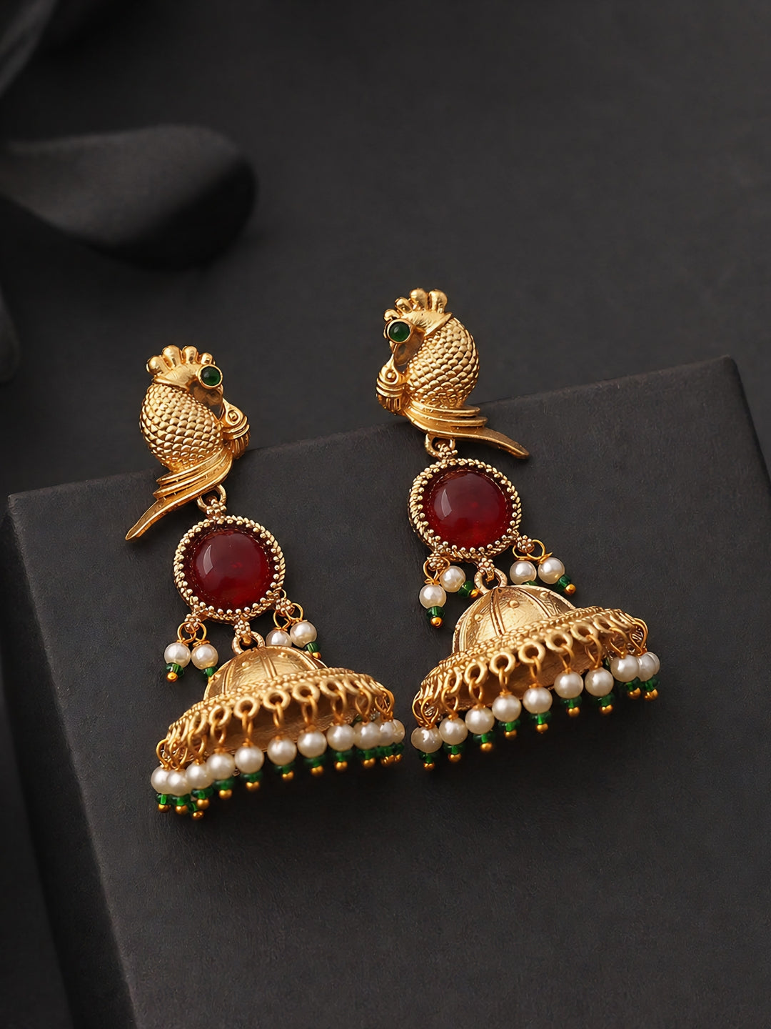 Gold Finish Red Stone Peacock Jhumka Earrings