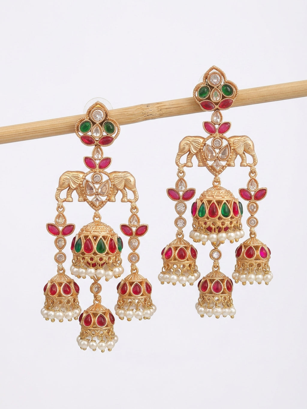 Elephant Motif Multi Jhumka Earrings — Red & Green Stone, Gold Finish