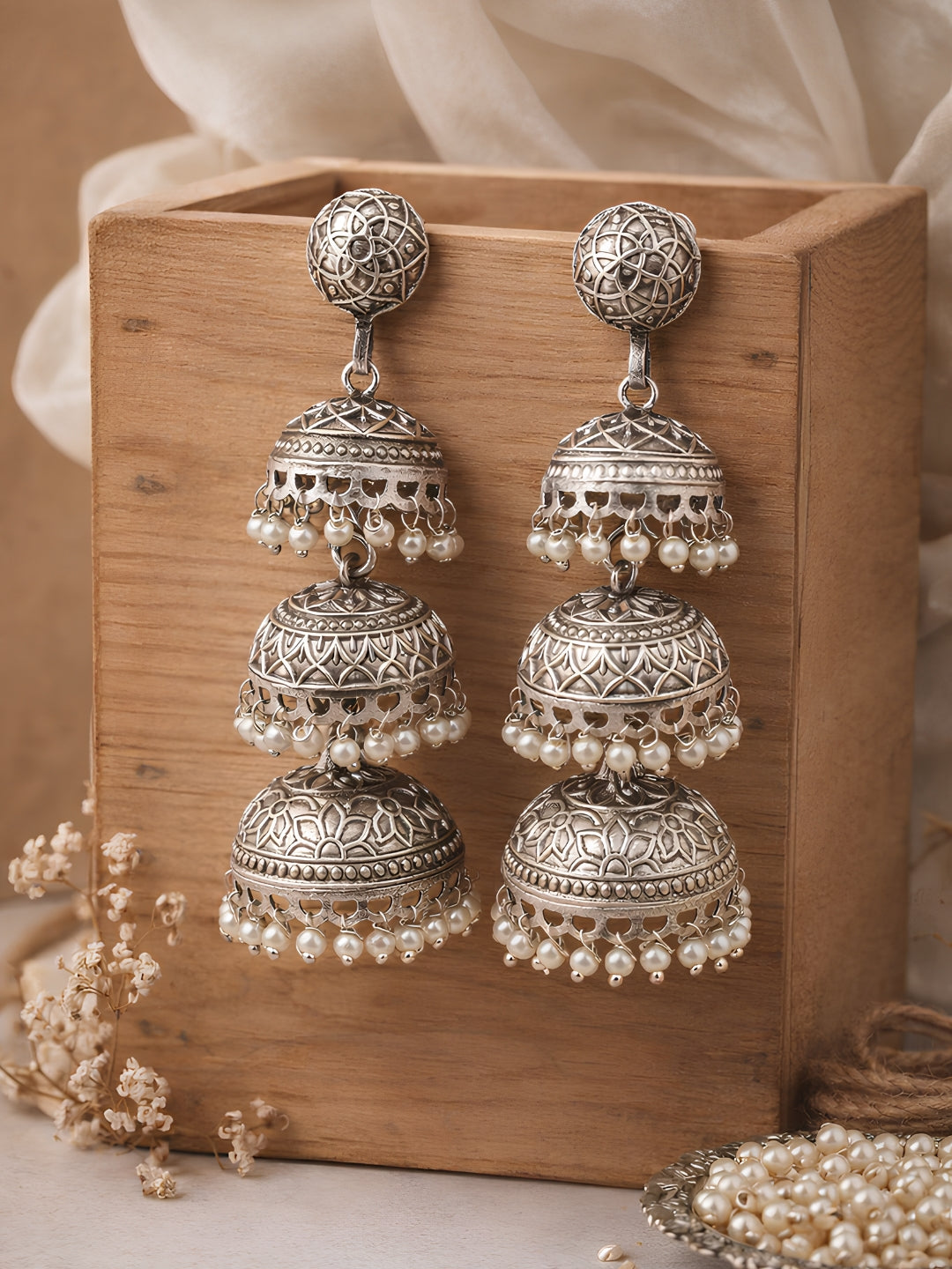 Vintage Silver finish Layered Jhumki Earrings