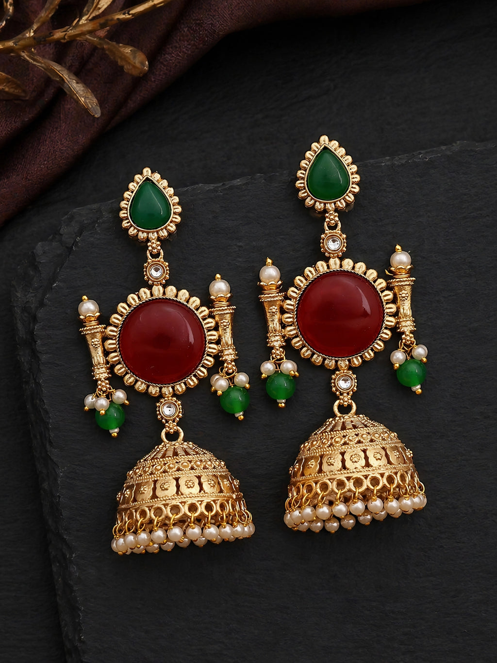 Gold Finish Red Green Jhumki Earrings