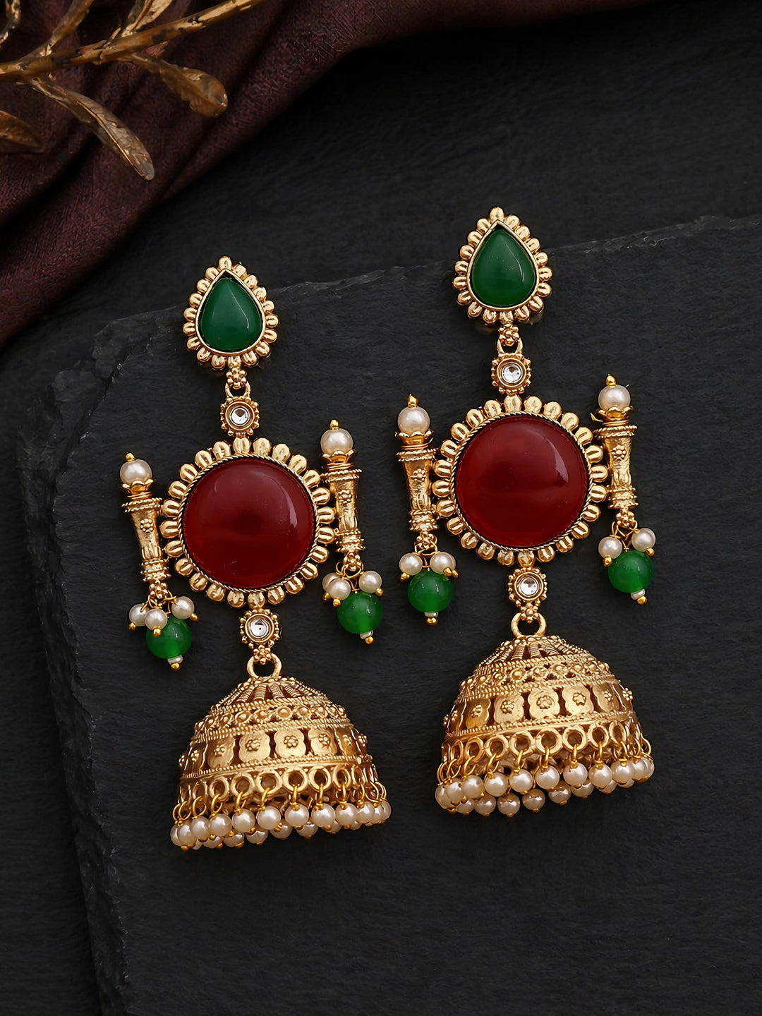 Gold Finish Red Green Jhumki Earrings