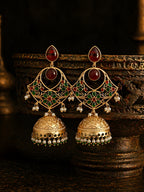 Traditional Green Red Jhumki Earrings Gold Finish