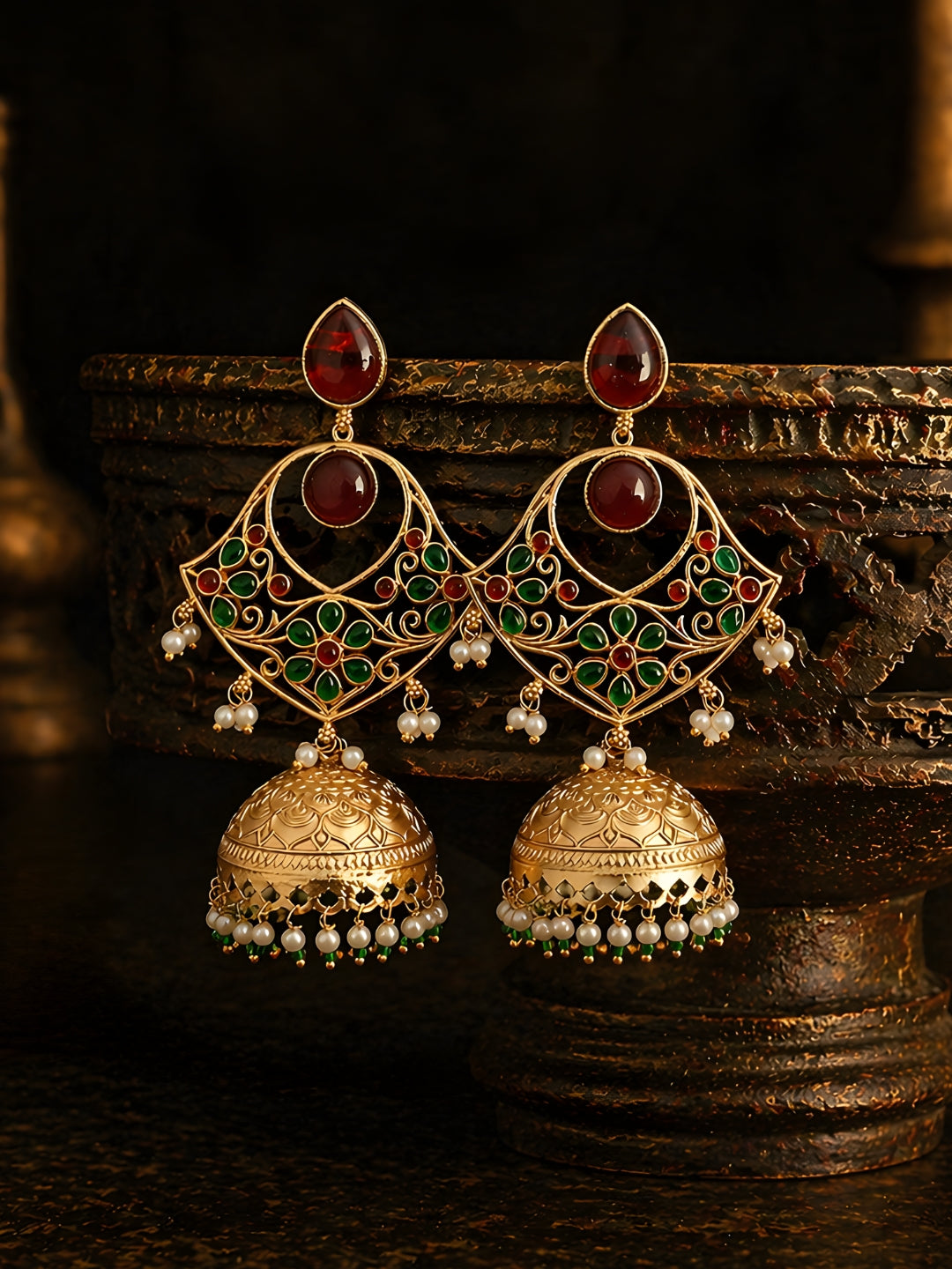 Traditional Green Red Jhumki Earrings Gold Finish