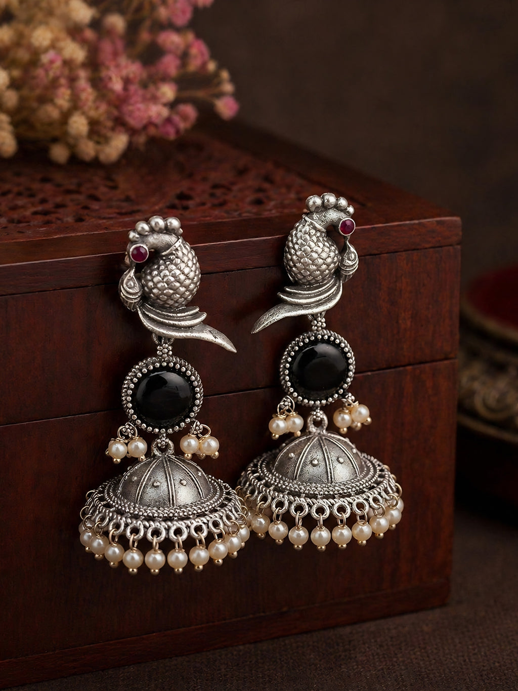 Peacock Black Stone Silver-Finish Jhumka