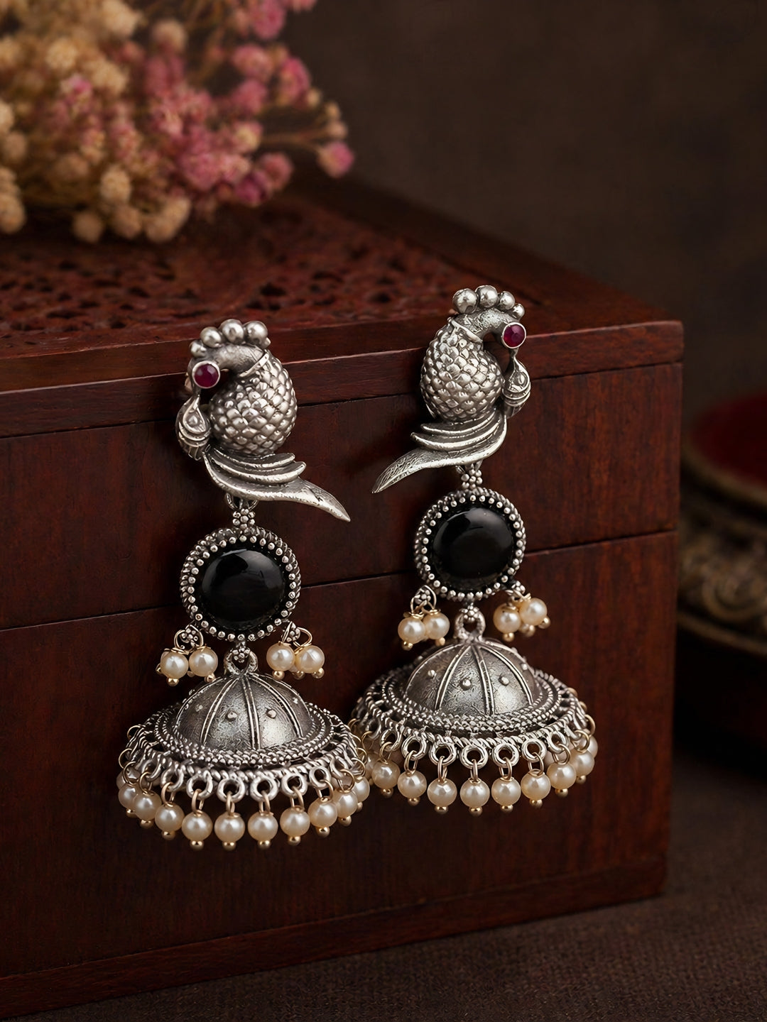 Peacock Black Stone Silver-Finish Jhumka