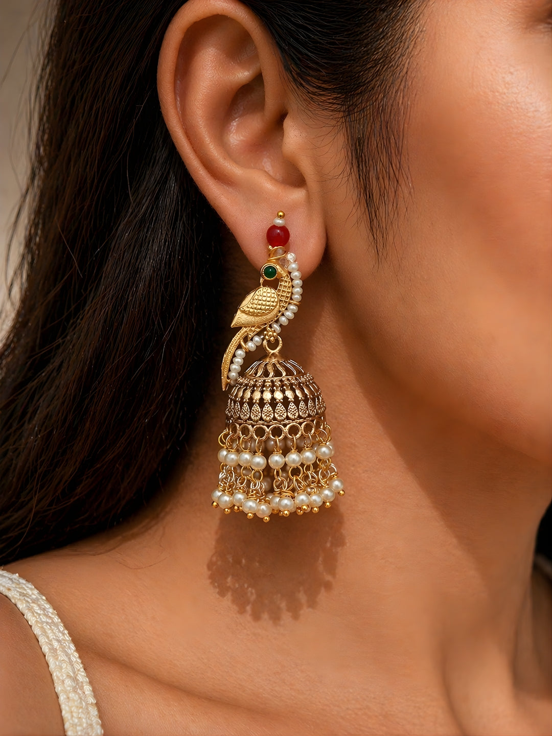 Gold Finish Parrot Jhumki Earrings Pearl Drop