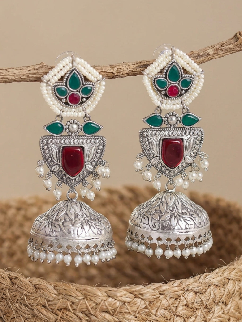 Red & Green Stone Jhumki Earrings — Carved Silver Finish