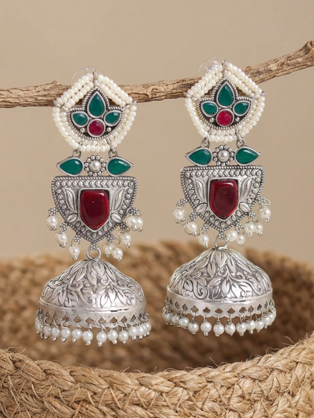 Red & Green Stone Jhumki Earrings — Carved Silver Finish