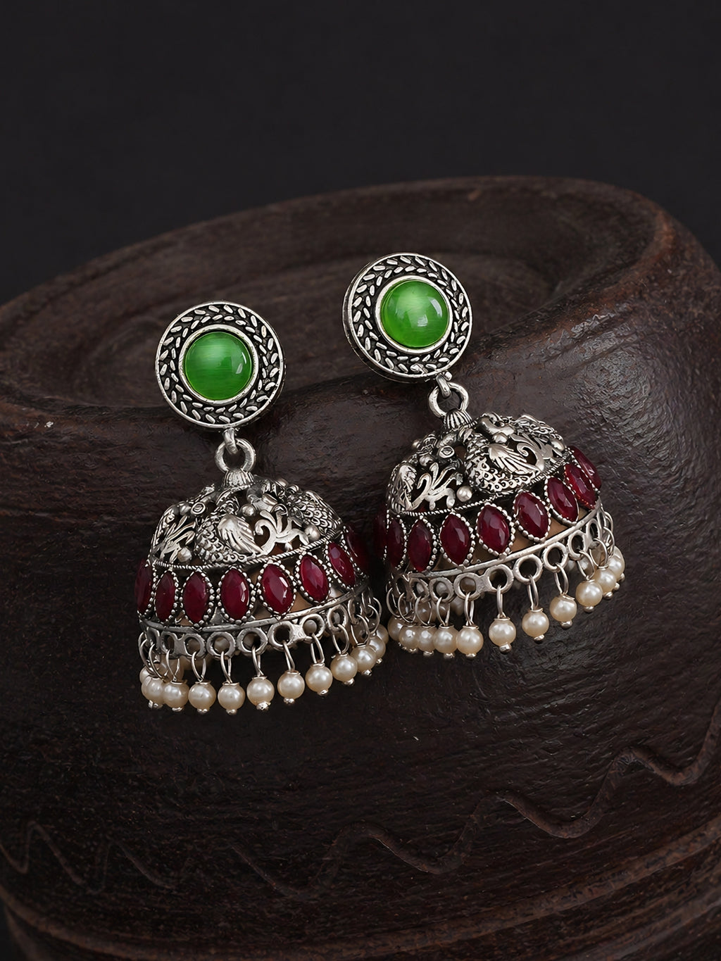 Silver Finish Red Green Jhumka Earrings
