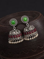 Silver Finish Red Green Jhumka Earrings